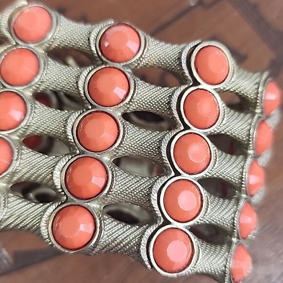Vintage Coral/Orange Bezel Metal Cuff Bracelet - Picture 2 of 5